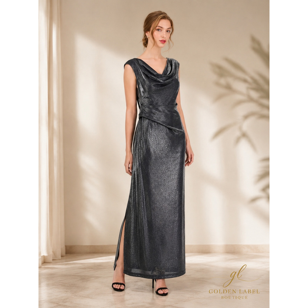 Connected Apparel Size 10 Silver Metallic Cowl Neck Maxi Dress NWT - Picture 4 of 10